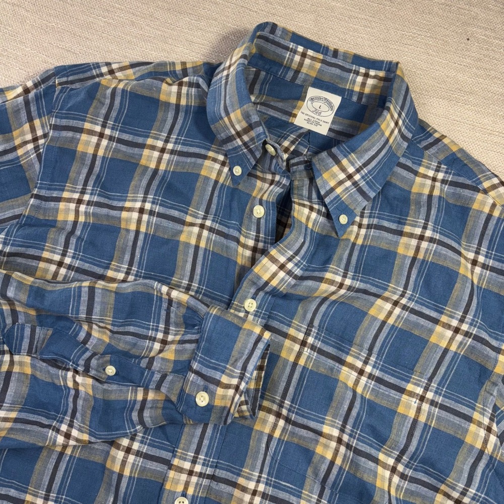Brooks Brothers 346 Mens Large Slim Fit 100% Linen Plaid Button Down Shirt Blue